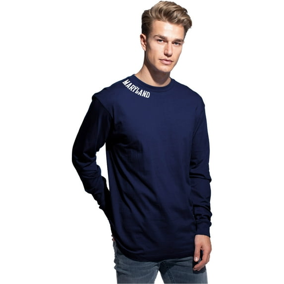 Daxton Premium Maryland Men Long Sleeves T Shirt Ultra Soft Medium Weight Cotton, Navy Tee White Letters Large