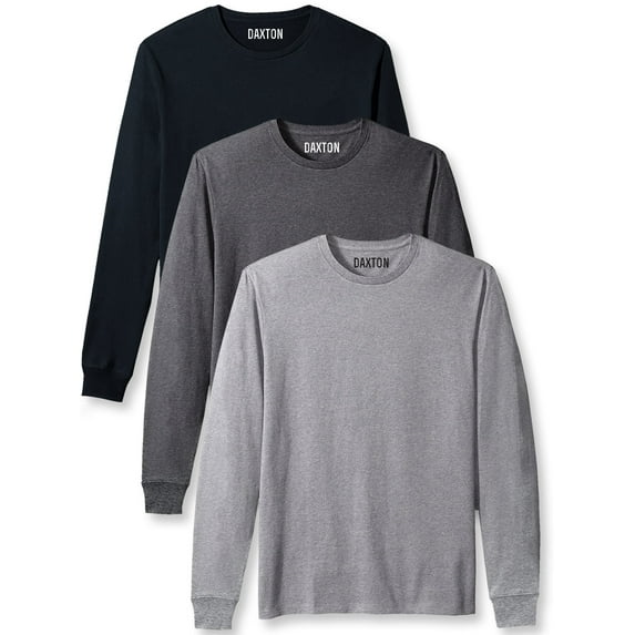 Daxton Premium Men Long Sleeves T Shirt Medium Weight Soft Cotton, 3Pk Black Hth Charcoal Hgray Large