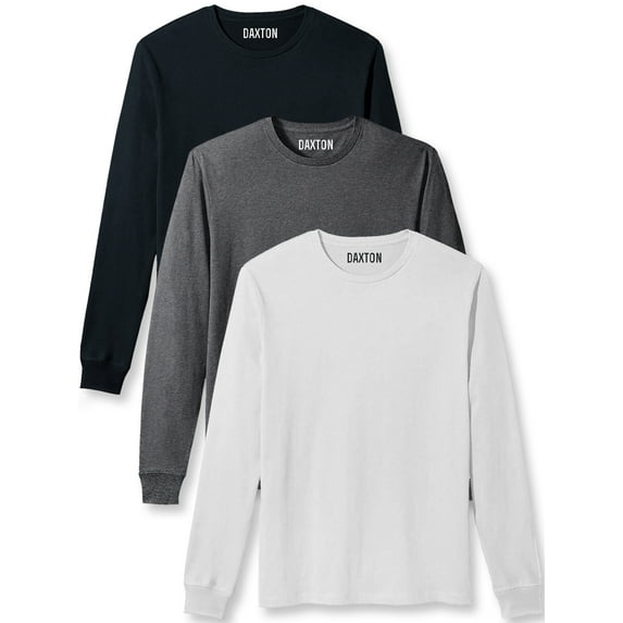 Daxton Premium Men Long Sleeves T Shirt Medium Weight Soft Cotton, 3Pk Black Hth Charcoal White 2XL