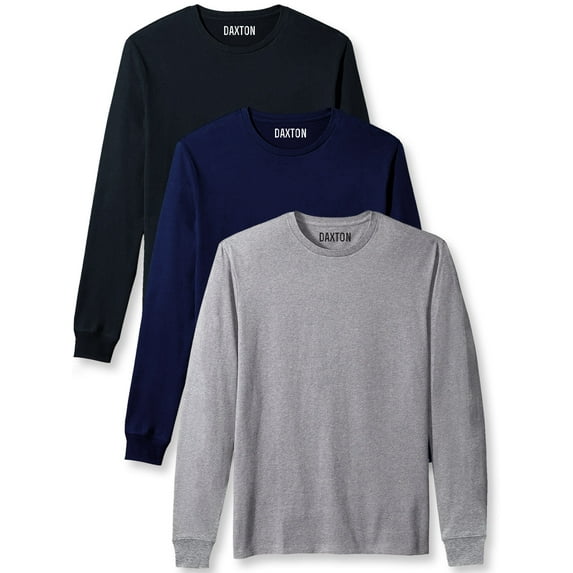 Daxton Premium Men Long Sleeves T Shirt Medium Weight Soft Cotton, 3Pk Black Navy Hgray Small