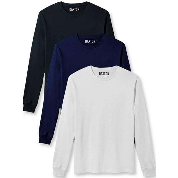 Daxton Premium Men Long Sleeves T Shirt Medium Weight Soft Cotton, 3Pk Black Navy White Medium