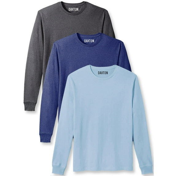 Daxton Premium Men Long Sleeves T Shirt Medium Weight Soft Cotton, 3Pk Hth Charcoal Hth Navy Light Blue Large