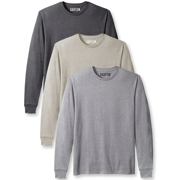 Daxton Premium Men Long Sleeves T Shirt Medium Weight Soft Cotton, 3Pk Hth Charcoal Oat Hgray XS