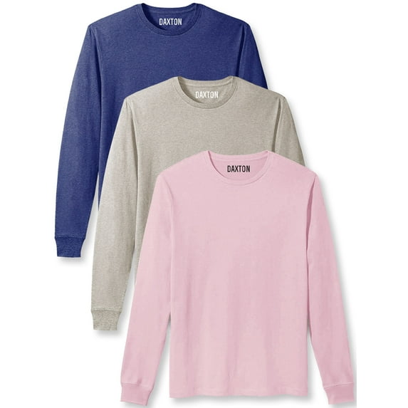 Daxton Premium Men Long Sleeves T Shirt Medium Weight Soft Cotton, 3Pk Hth Navy Oat Pink 2XL