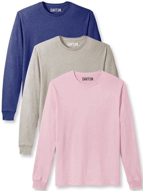 Daxton Premium Men Long Sleeves T Shirt Medium Weight Soft Cotton, 3Pk Hth Navy Oat Pink Medium