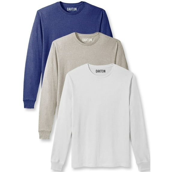Daxton Premium Men Long Sleeves T Shirt Medium Weight Soft Cotton, 3Pk Hth Navy Oat White Small