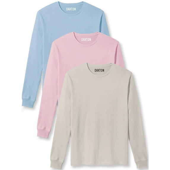 Daxton Premium Men Long Sleeves T Shirt Medium Weight Soft Cotton, 3Pk Light Blue Light Pink Vintage White 2XL
