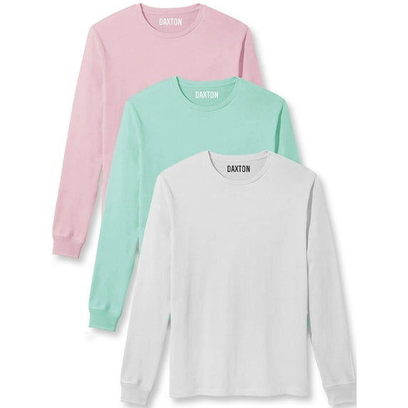 Daxton Premium Men Long Sleeves T Shirt Medium Weight Soft Cotton, 3Pk Light Pink Mint White 1XL