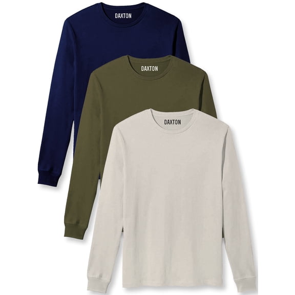 Daxton Premium Men Long Sleeves T Shirt Medium Weight Soft Cotton, 3Pk Navy Olive Vintage White 3XL