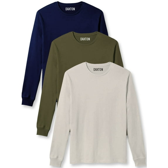 Daxton Premium Men Long Sleeves T Shirt Medium Weight Soft Cotton, 3Pk Navy Olive Vintage White Large