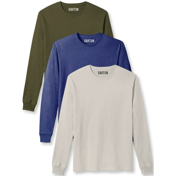 Daxton Premium Men Long Sleeves T Shirt Medium Weight Soft Cotton, 3Pk Olive Hth Navy Vintage White Small