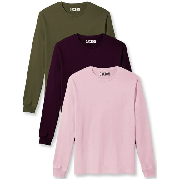 Daxton Premium Men Long Sleeves T Shirt Medium Weight Soft Cotton, 3Pk Olive Plum Pink Small
