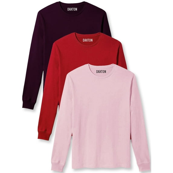 Daxton Premium Men Long Sleeves T Shirt Medium Weight Soft Cotton, 3Pk Plum Red Pink 1XL