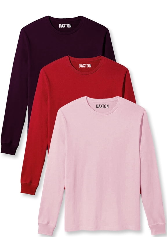 Daxton Premium Men Long Sleeves T Shirt Medium Weight Soft Cotton, 3Pk Plum Red Pink Small
