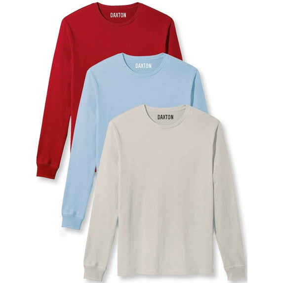 Daxton Premium Men Long Sleeves T Shirt Medium Weight Soft Cotton, 3Pk Red Light Blue Vintage White 3XL