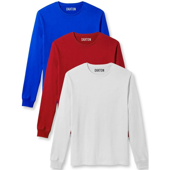 Daxton Premium Men Long Sleeves T Shirt Medium Weight Soft Cotton, 3Pk Royal Red White Small