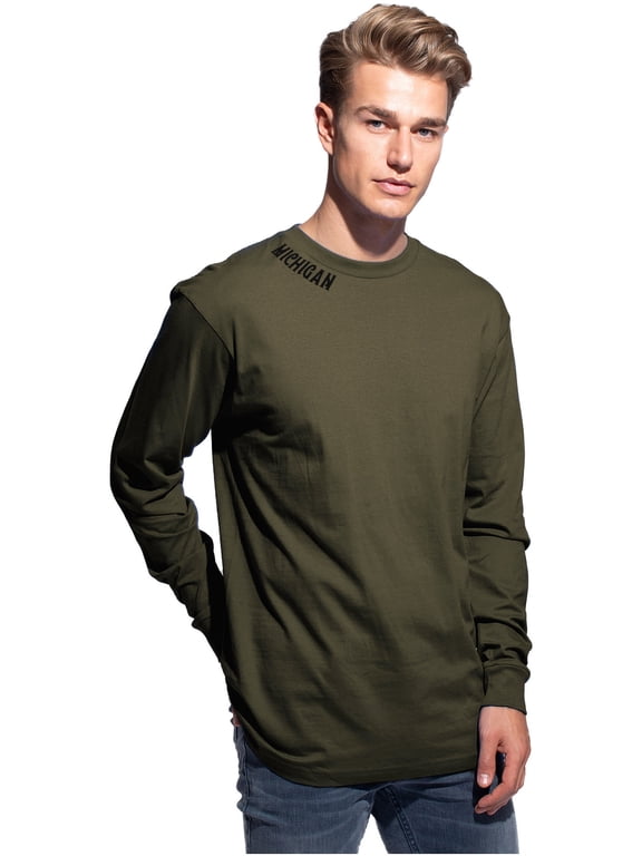 Premium Michigan Men Long Sleeves T Shirt Ultra Soft Medium Weight Cotton, Olive Tee Black Letters Medium