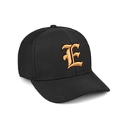 Daxton Premium Mid Profile Hat Semi Curved Visor Black Cap Black Gold Gothic Embroidered, Letter E