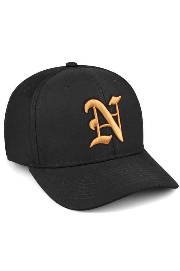 Premium Mid Profile Hat Semi Curved Visor Black Cap Black Gold Gothic Embroidered, Letter N