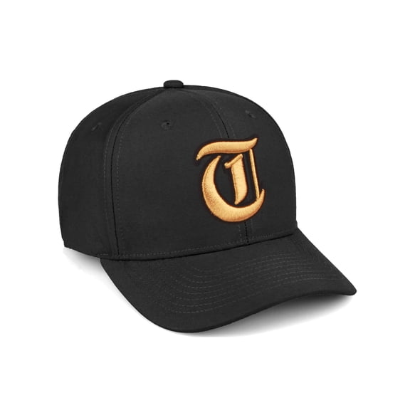 Daxton Premium Mid Profile Hat Semi Curved Visor Black Cap Black Gold Gothic Embroidered, Letter T