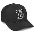 thumbnail image 1 of Daxton Premium Mid Profile Hat Semi Curved Visor Black Cap White Black Gothic Embroidered, V, 1 of 4