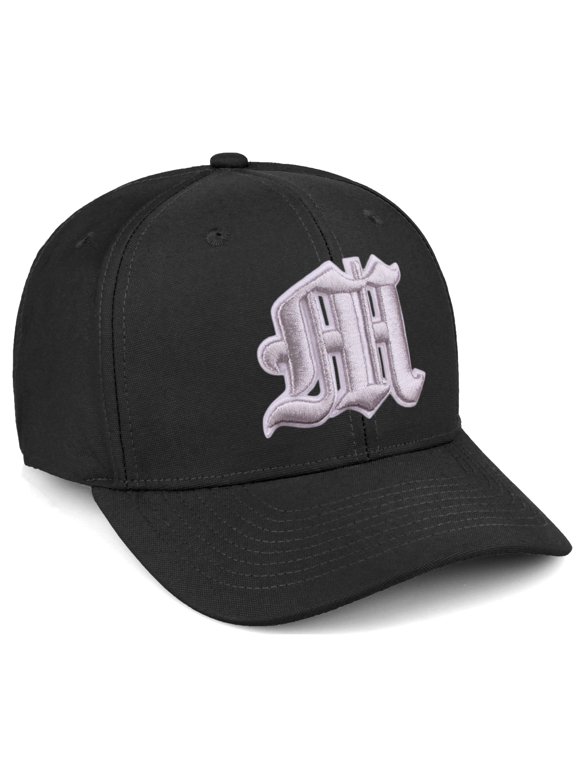 Premium Mid Profile Hat Semi Curved Visor Black Cap White Silver Gothic Embroidered, Letter M