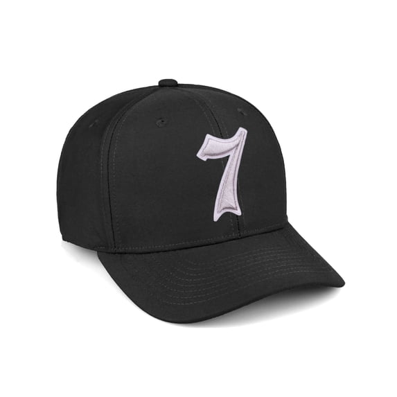 Daxton Premium Mid Profile Hat Semi Curved Visor Black Cap White Silver Gothic Embroidered, Number 7