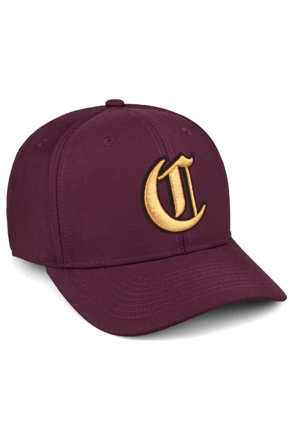 Premium Mid Profile Hat Semi Curved Visor Burgundy Cap Black Gold Gothic Embroidered, Letter C