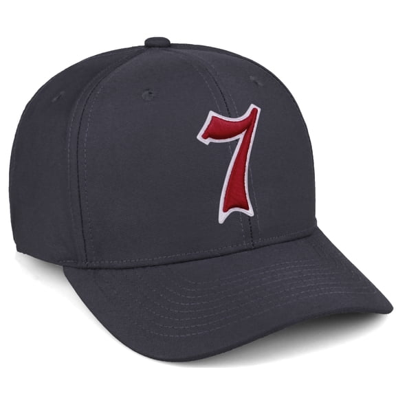 Daxton Premium Mid Profile Hat Semi Curved Visor Charcoal Cap White Red Gothic Embroidered, Number 7
