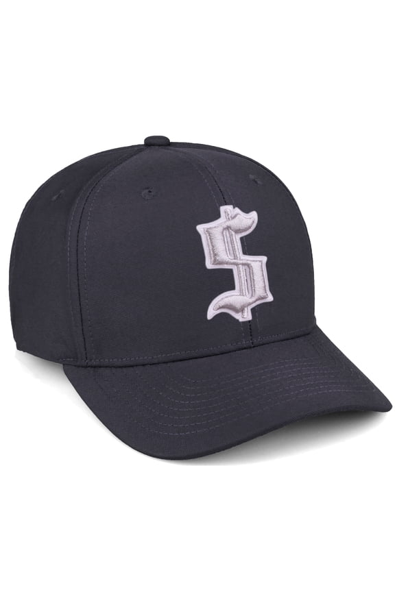 Premium Mid Profile Hat Semi Curved Visor Charcoal Cap White Silver Gothic Embroidered, Dollar Sign