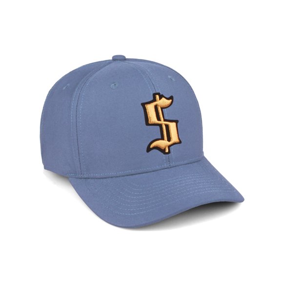 Daxton Premium Mid Profile Hat Semi Curved Visor Dusty Blue Cap Black Gold Gothic Embroidered, Dollar Sign