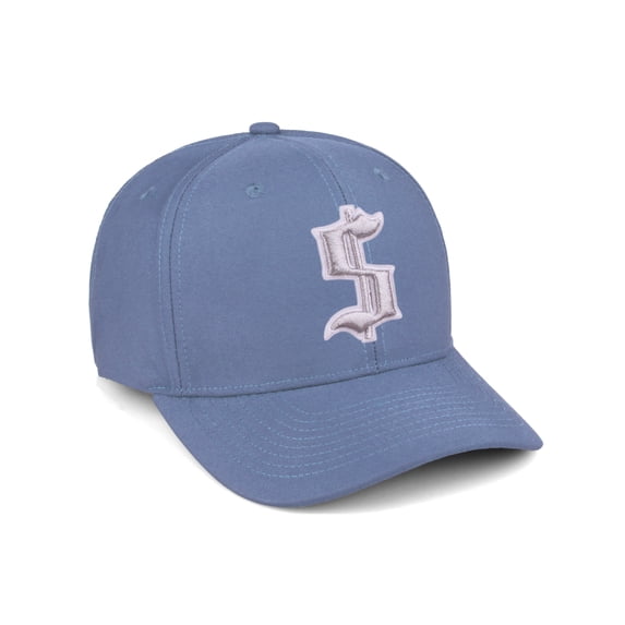 Daxton Premium Mid Profile Hat Semi Curved Visor Dusty Blue Cap White Silver Gothic Embroidered, Dollar Sign