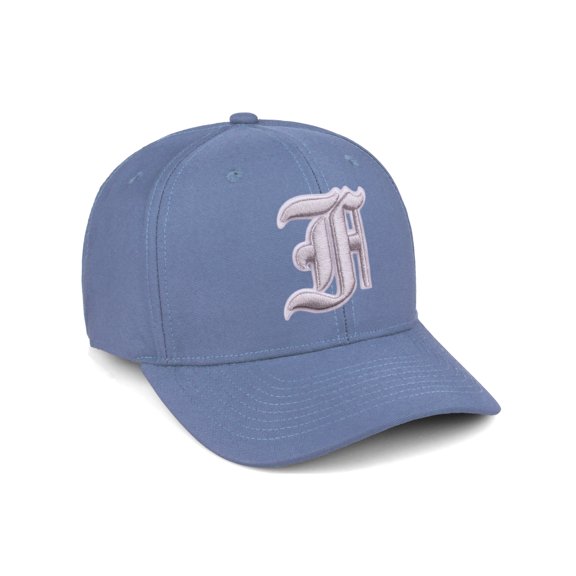 Daxton Premium Mid Profile Hat Semi Curved Visor Dusty Blue Cap White Silver Gothic Embroidered, Letter F