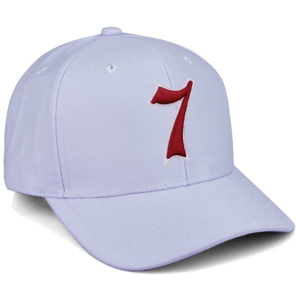 Daxton Premium Mid Profile Hat Semi Curved Visor Light Blue Cap White Red Gothic Embroidered, Number 7