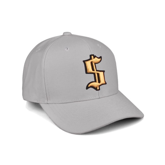 Daxton Premium Mid Profile Hat Semi Curved Visor Light Grey Cap Black Gold Gothic Embroidered, Dollar Sign