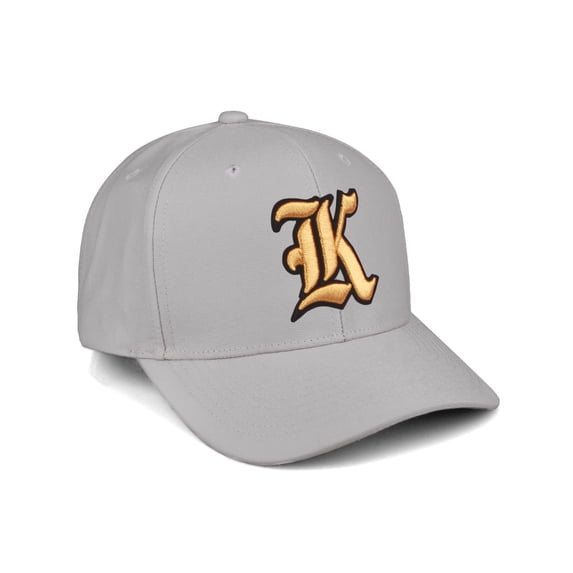 Daxton Premium Mid Profile Hat Semi Curved Visor Light Grey Cap Black Gold Gothic Embroidered, Letter K