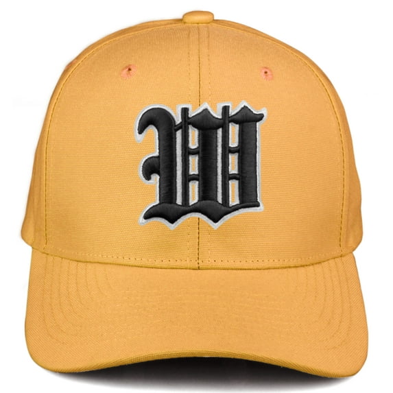Daxton Premium Mid Profile Hat Semi Curved Visor Mustard Cap White Black Gothic Embroidered, Letter W