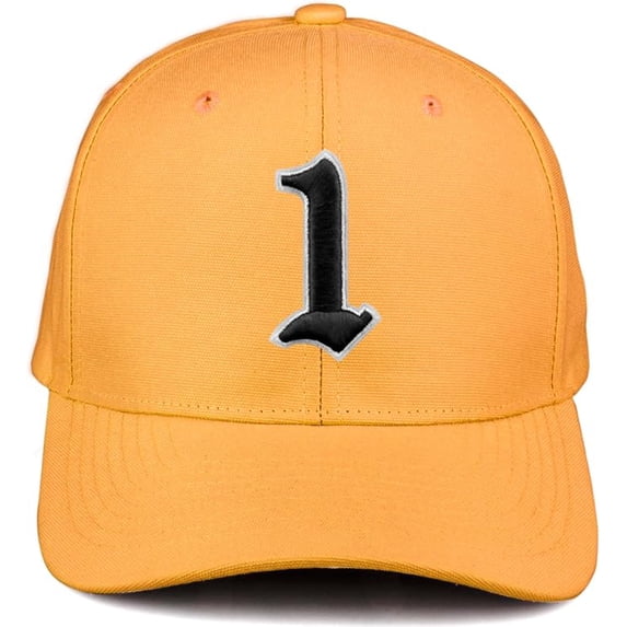Daxton Premium Mid Profile Hat Semi Curved Visor Mustard Cap White Black Gothic Embroidered, Number 1