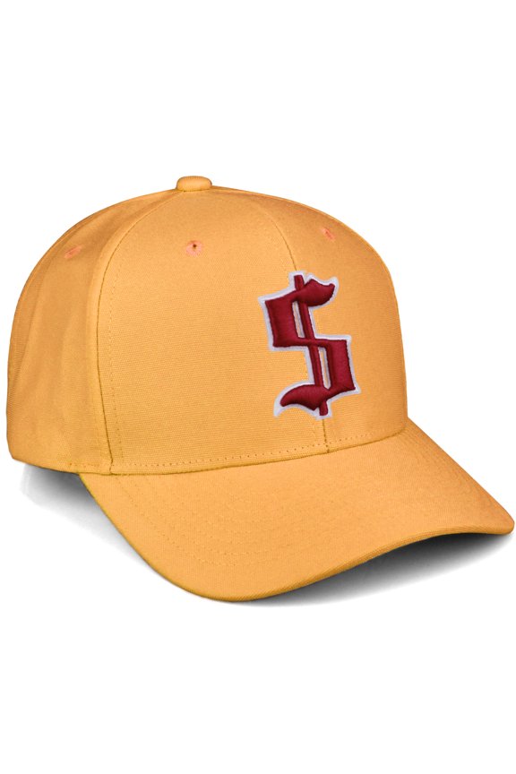 Mid Profile Hat Semi Curved Visor Mustard Cap White Red Gothic, Dollar Sign