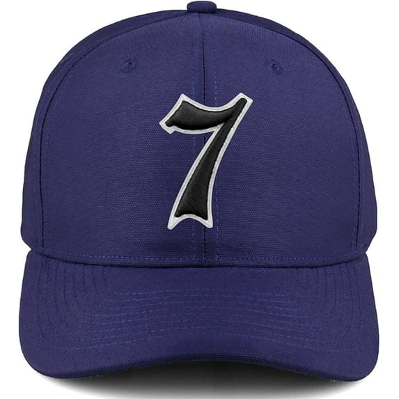 Daxton Premium Mid Profile Hat Semi Curved Visor Navy Cap White Black Gothic Embroidered, Number 7