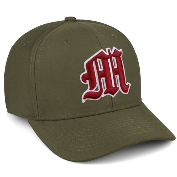 Daxton Premium Mid Profile Hat Semi Curved Visor Olive Cap White Red Gothic Embroidered, Letter M