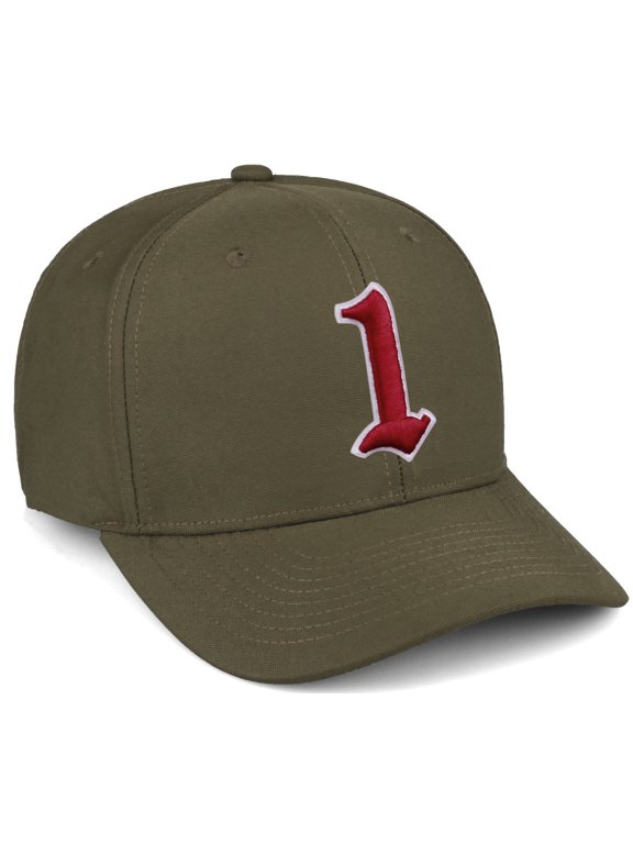 Premium Mid Profile Hat Semi Curved Visor Olive Cap White Red Gothic Embroidered, Number 1