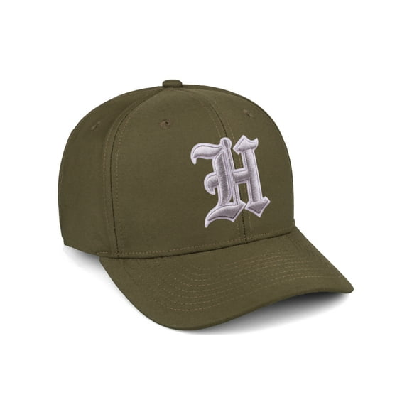 Daxton Premium Mid Profile Hat Semi Curved Visor Olive Cap White Silver Gothic Embroidered, Letter H
