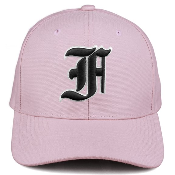 Daxton Premium Mid Profile Hat Semi Curved Visor Pink Cap White Black Gothic Embroidered, Letter F