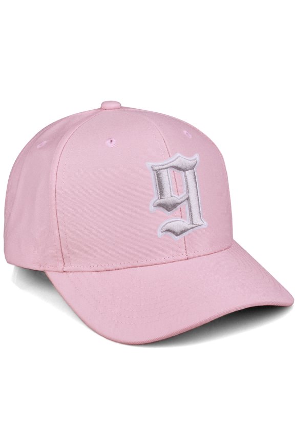 Premium Mid Profile Hat Semi Curved Visor Pink Cap White Silver Gothic Embroidered, Number 9