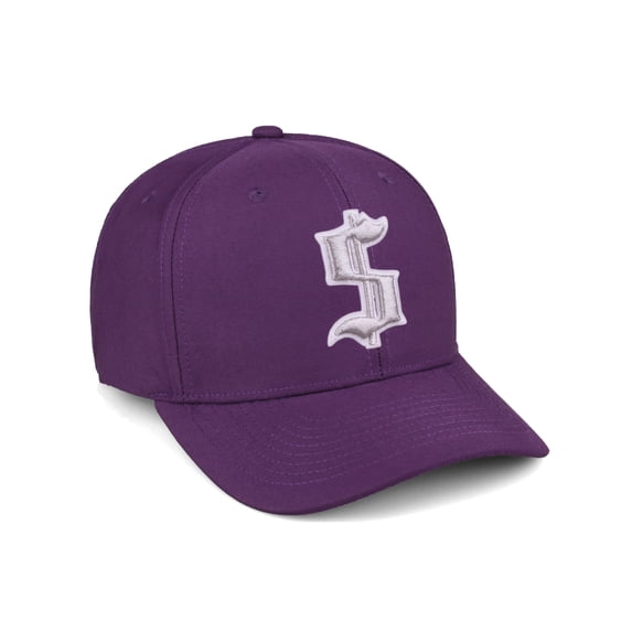 Daxton Premium Mid Profile Hat Semi Curved Visor Purple Cap White Silver Gothic Embroidered, Dollar Sign