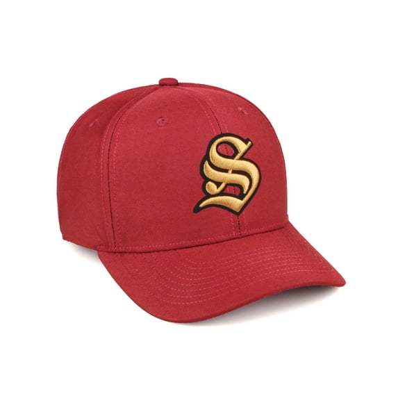 Daxton Premium Mid Profile Hat Semi Curved Visor Red Cap Black Gold Gothic Embroidered, Letter S