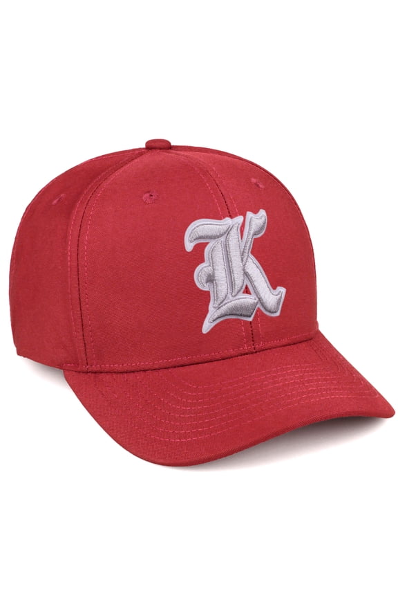 Premium Mid Profile Hat Semi Curved Visor Red Cap White Silver Gothic Embroidered, Letter K