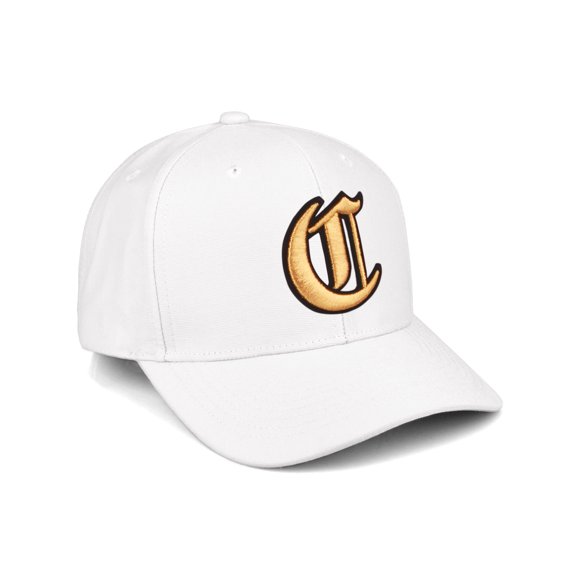 Daxton Premium Mid Profile Hat Semi Curved Visor White Cap Black Gold Gothic Embroidered, Letter C