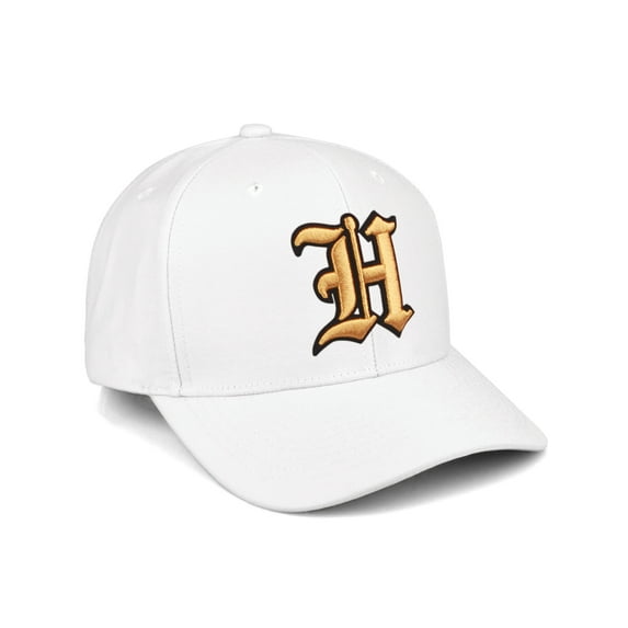Daxton Premium Mid Profile Hat Semi Curved Visor White Cap Black Gold Gothic Embroidered, Letter H